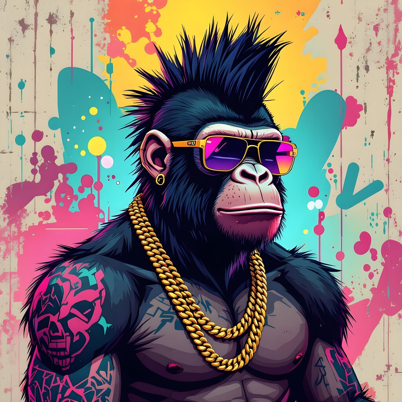 Cyberpunk Ape Portrait with Mohawk and Graffiti