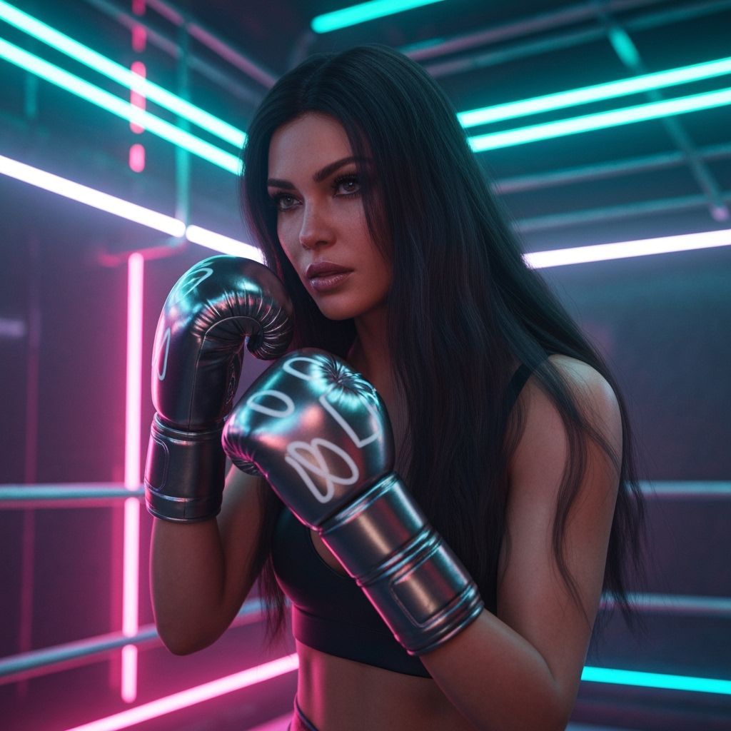Futuristic Woman Boxer in Neon Cyber Arena