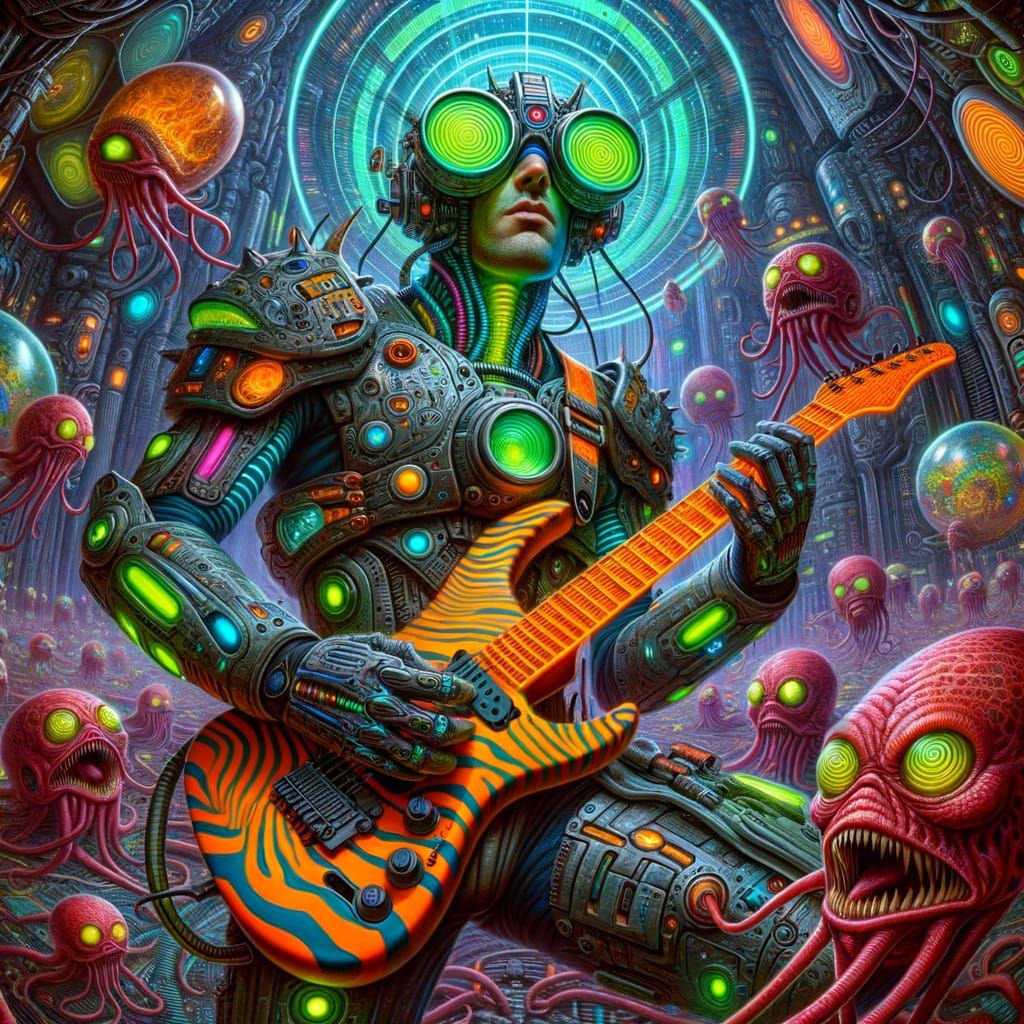 Sci-Fi Warlord with Neon City Headpiece and Alien Companions