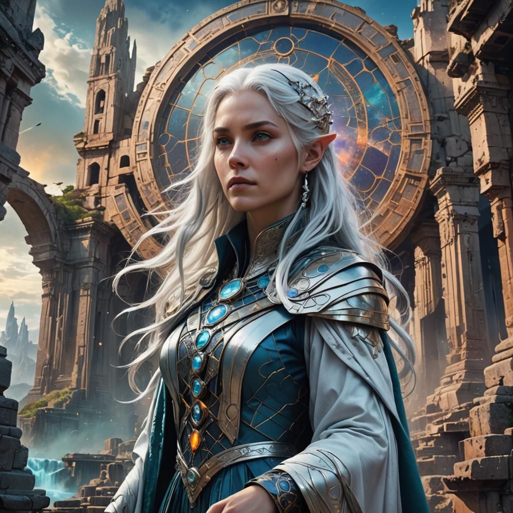 Time-Weaving Sorceress Portrait in Surreal Landscape