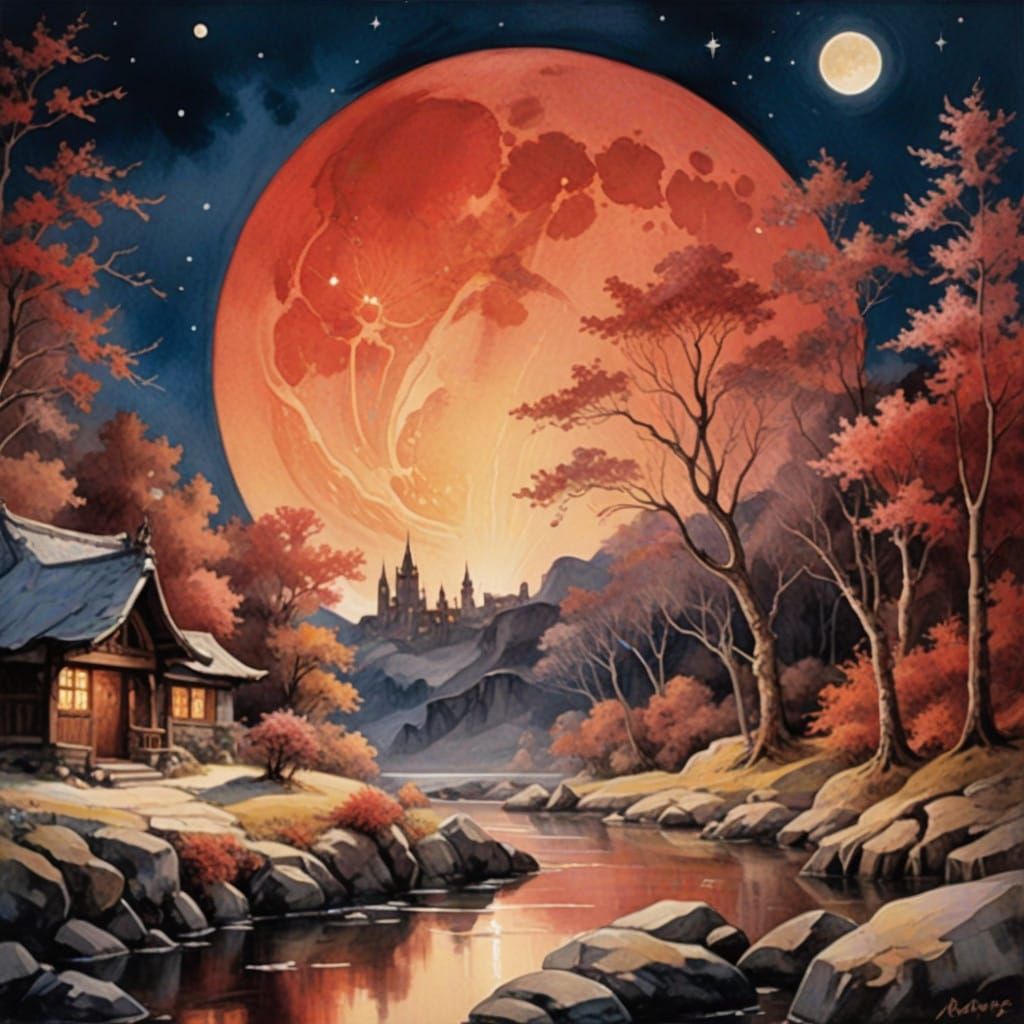 Traditional Village Under Vibrant Red Moon