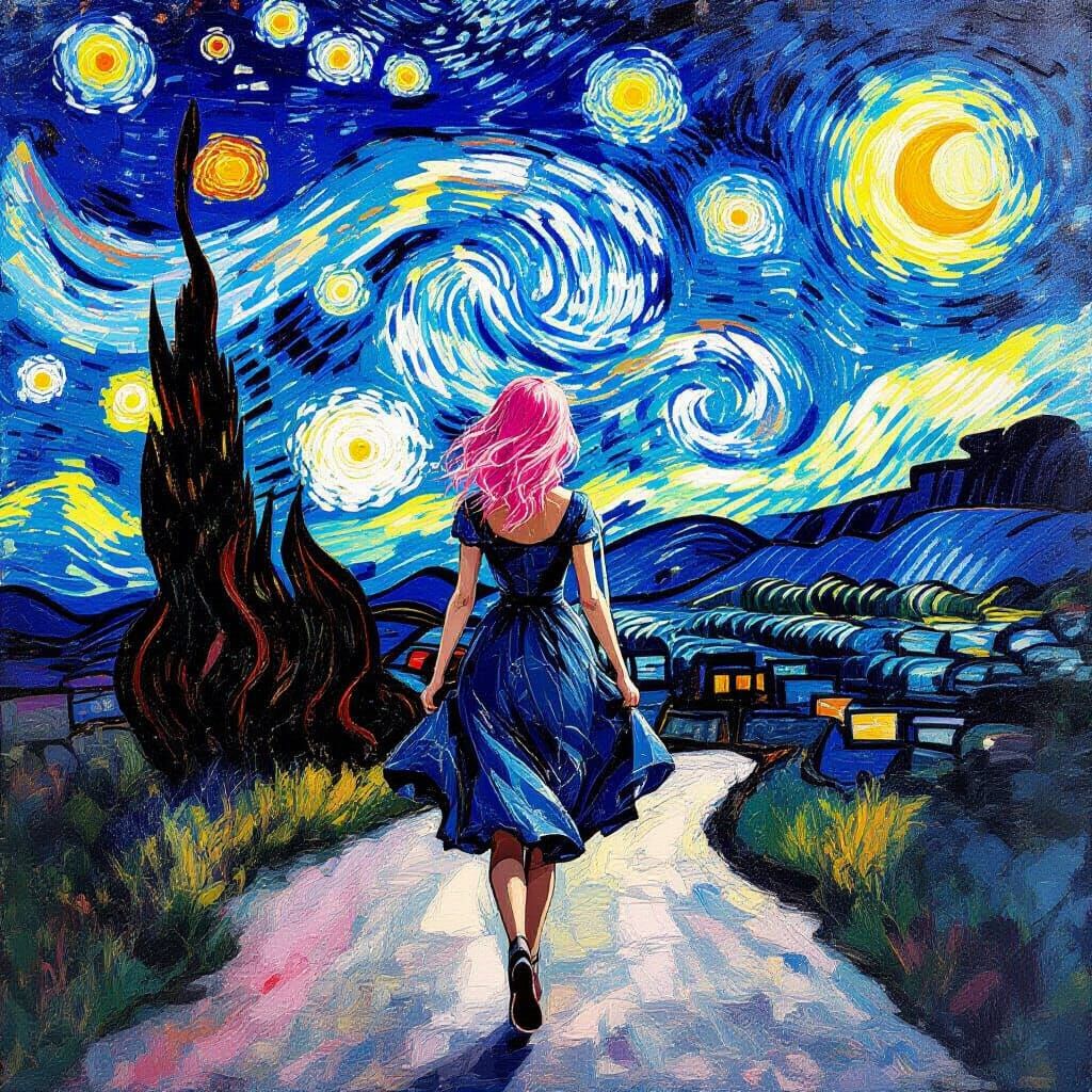 Pink-Haired Woman Enters Starry World in Van Gogh Style