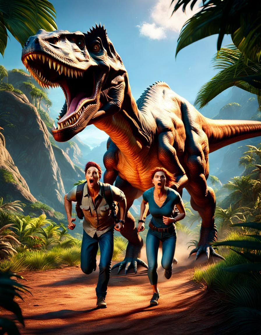 Terrified Couple Runs from Dinosaur in Theme Park