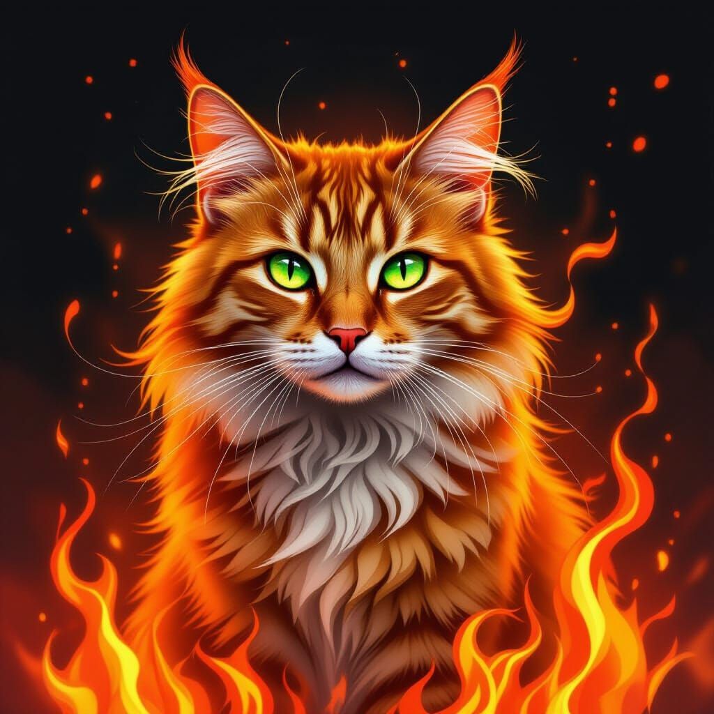 Fiery Feline Portrait With Swirling Flames