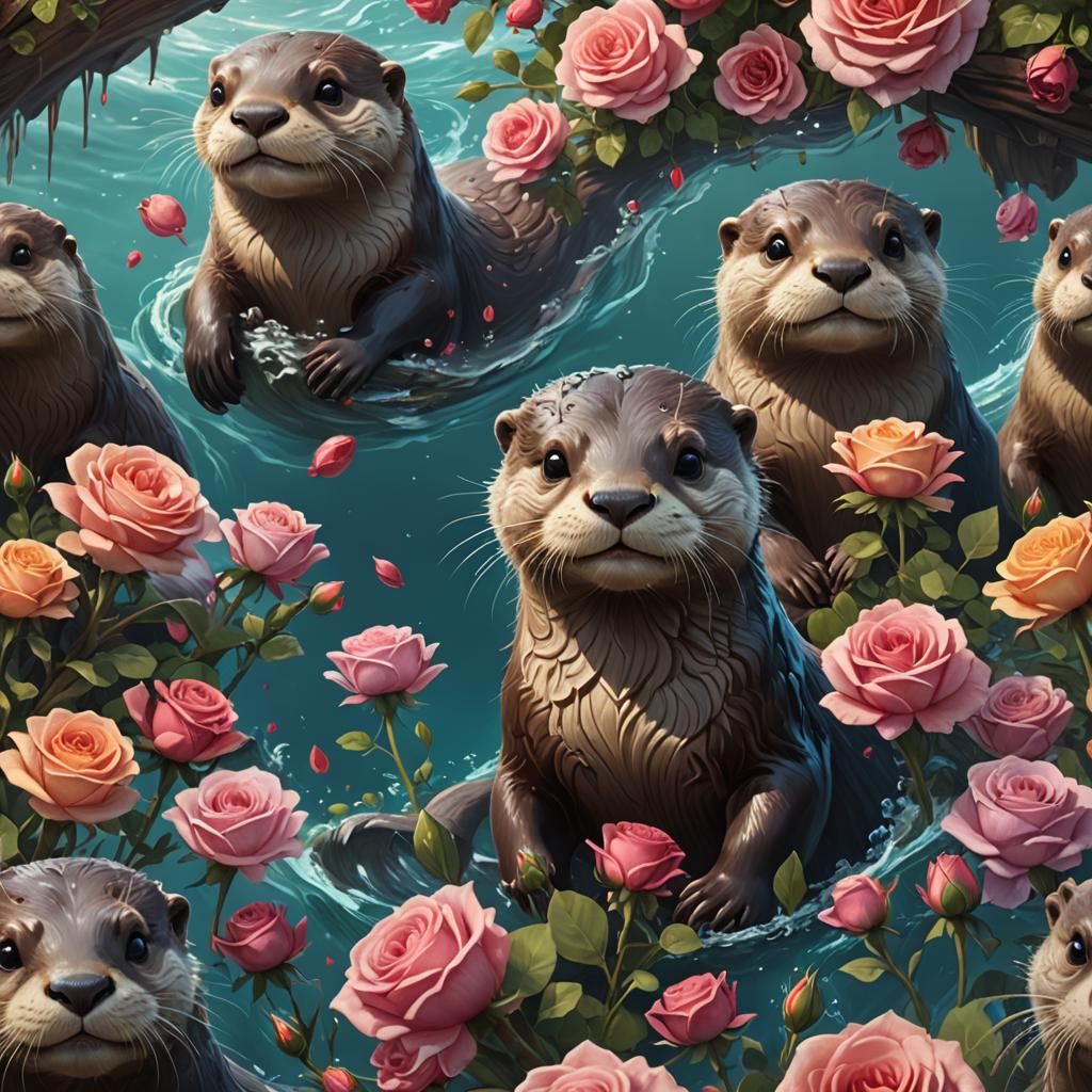 Happy Otter in Ocean of Roses: Fantasy Art