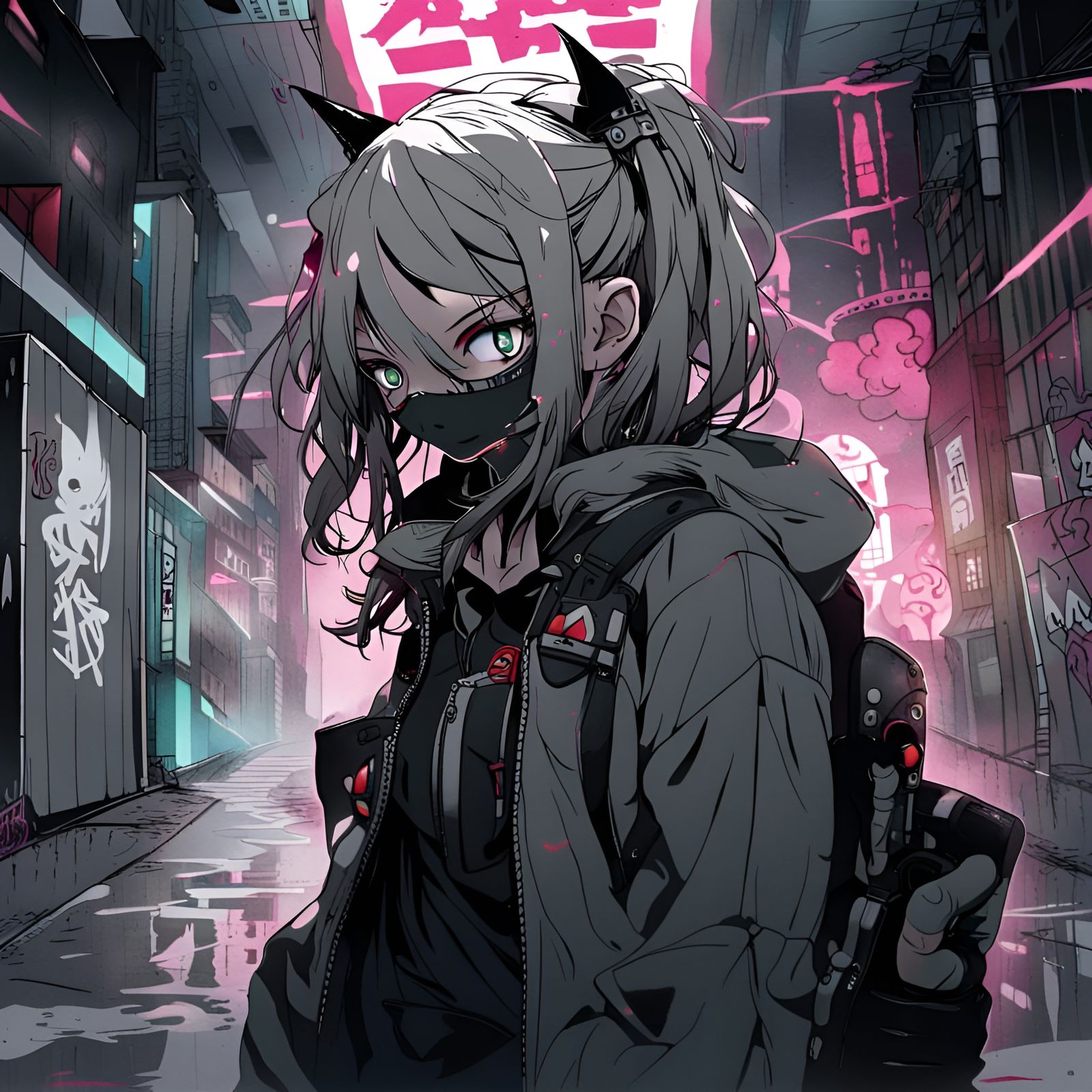 Bizarre Horror Graffiti in Dark Cyberpunk Anime Style