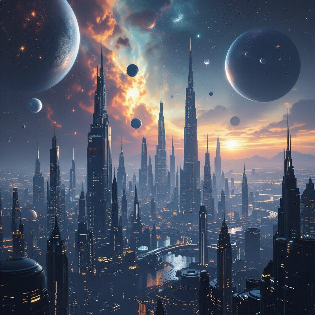 Alien Metropolis Under Close Celestial Skies
