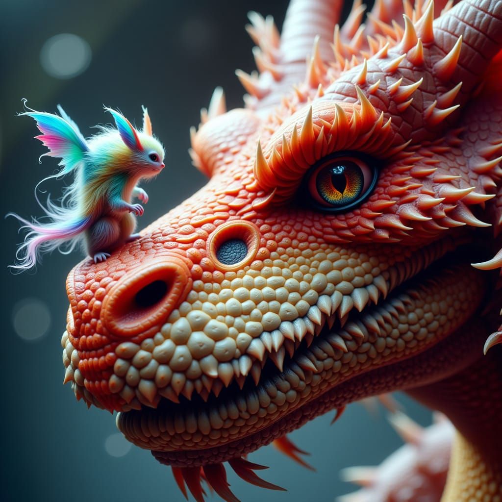 Colossal Dragon Snout with Tiny Rainbow Creature, Vibrant Wh...