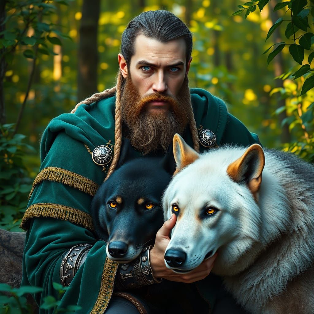 Regal Prince Surrounded by Majestic Wolves in Emerald Forest