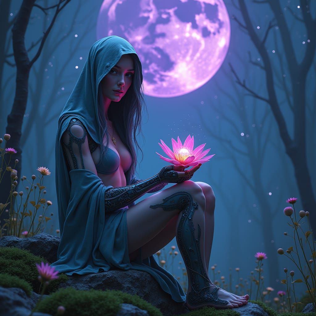 Cyborg in Wilderness Holding Flower Under Purple Moon