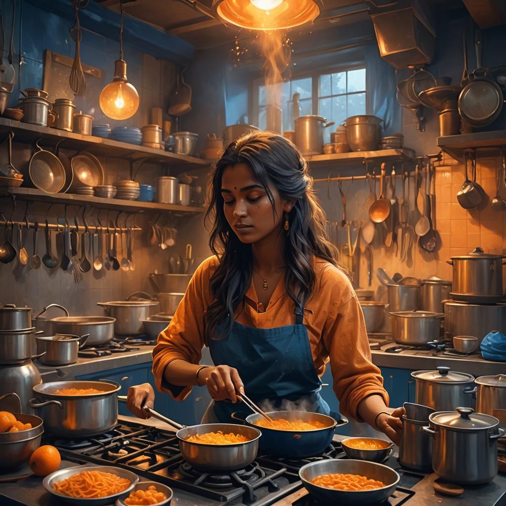 Bengali Woman Cooking in Kitchen: Fantasy Concept Art