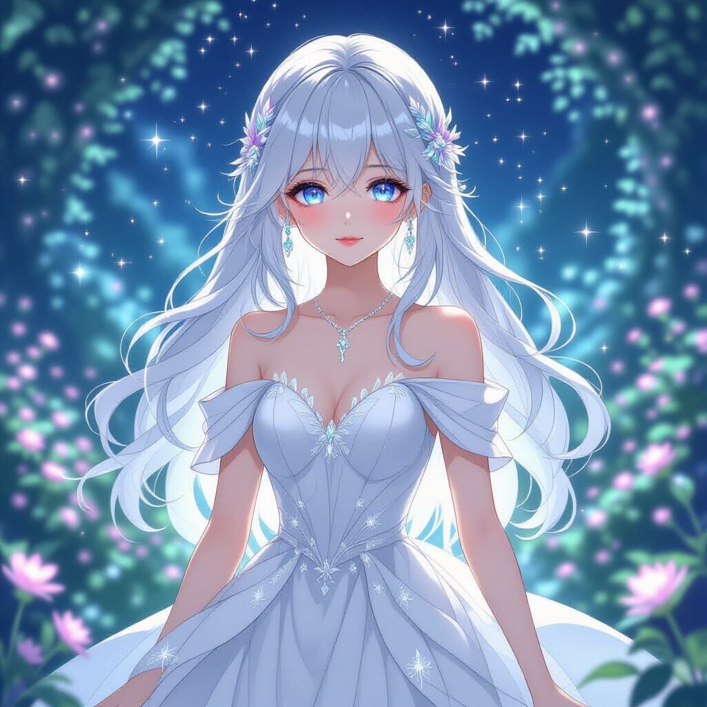 Anime Girl with Diamond Eyes in Starlit Garden