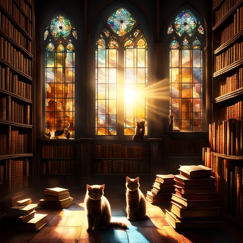 Sunlit Library with Cats and Antique Books