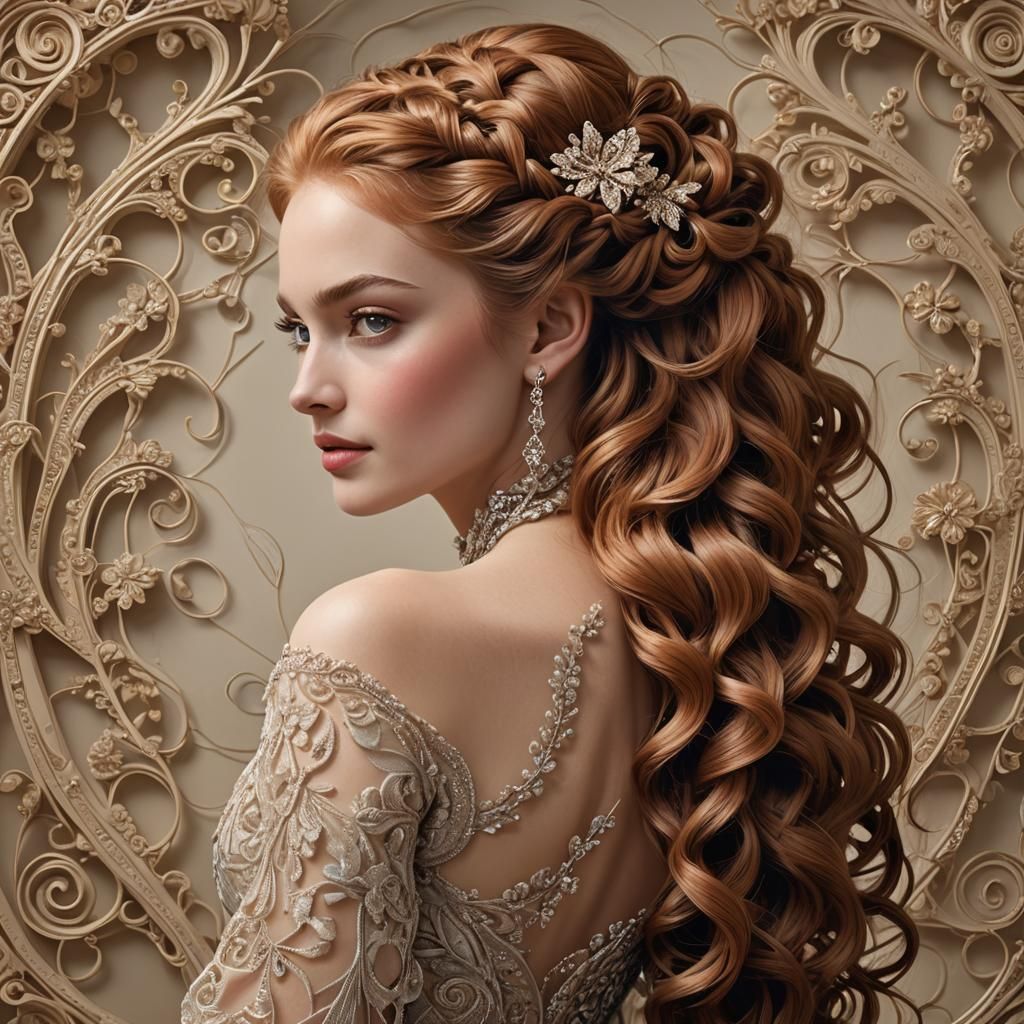 Auburn Braid and Fractal Gown in Digital Art