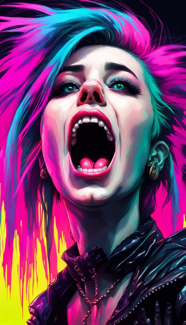Cyberpunk Goth Woman's Mind Exploding in Color