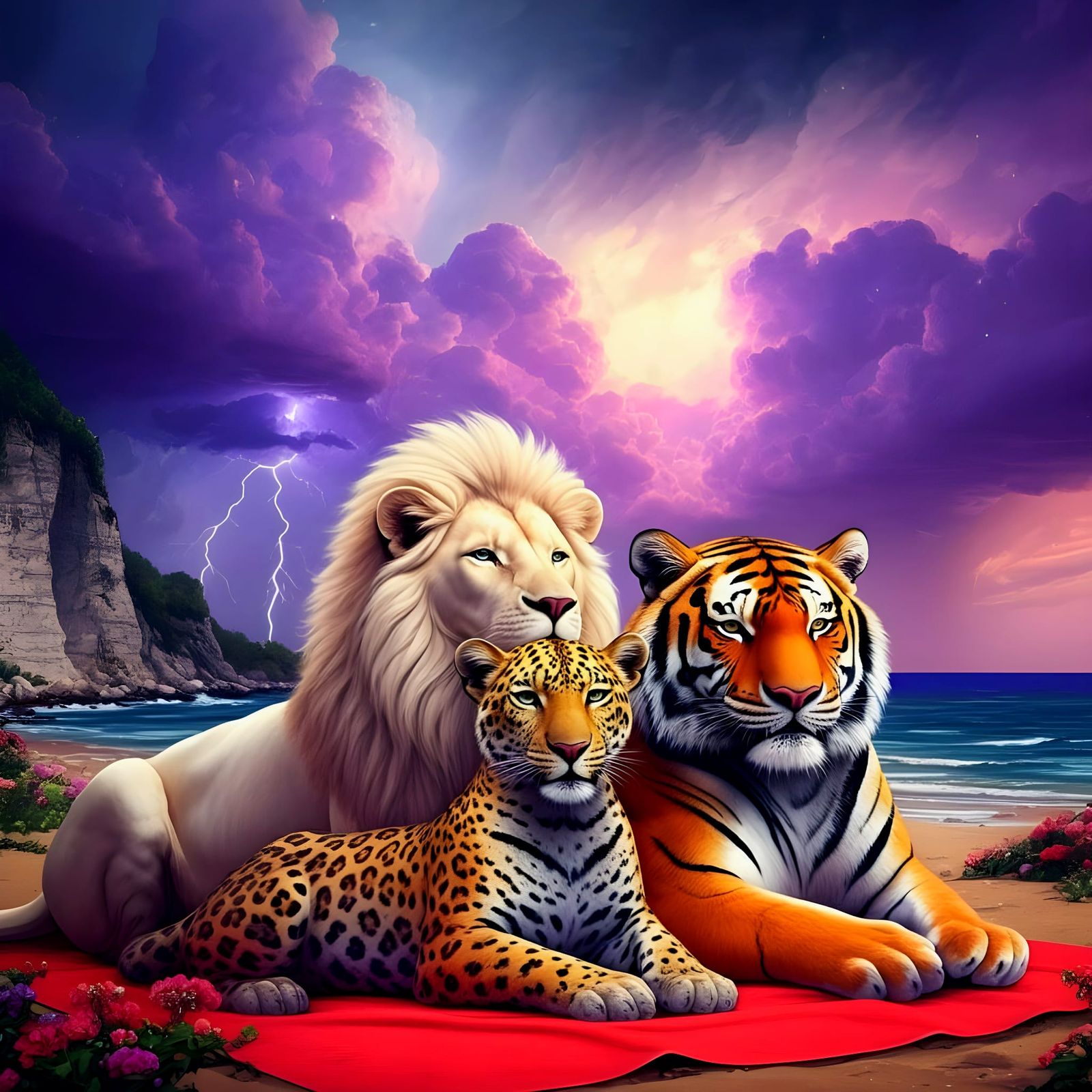 Wild Big Cats Unite on a Vibrant Beach in a Stormy Panorama