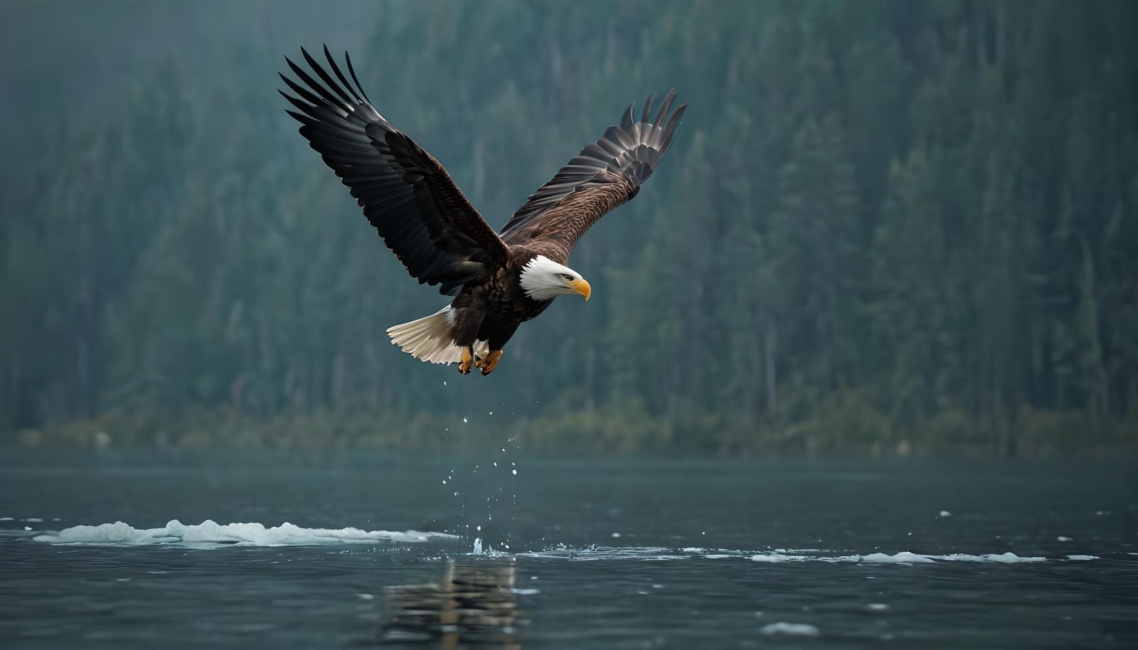 Bald Eagle Soaring Over Alaskan Lake in Cinematic Style