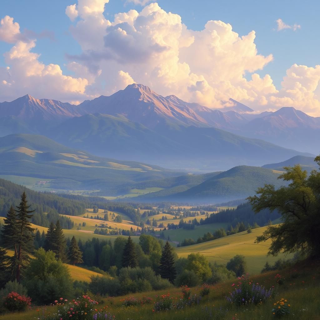 Idyllic American Landscape with Purple Mountains