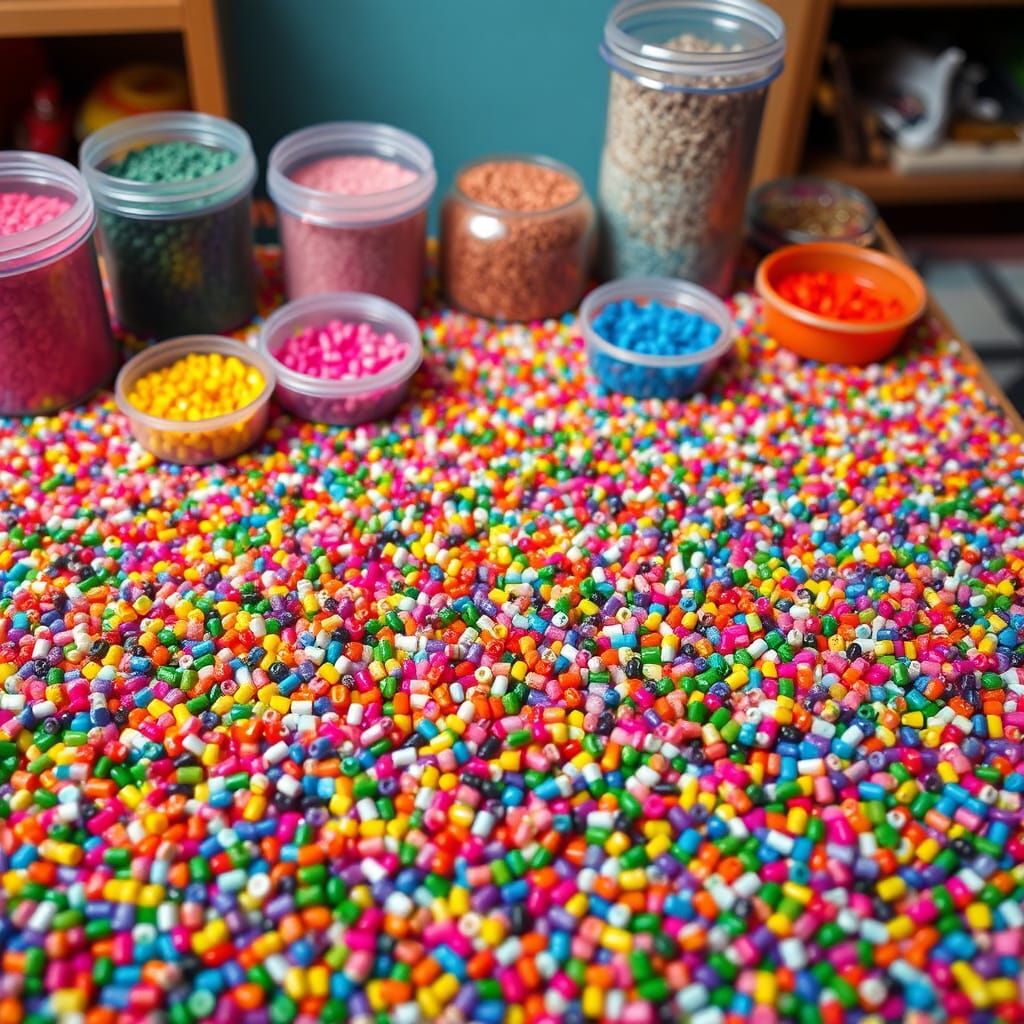 Sparkling Mosaic of Beads on Craft Table