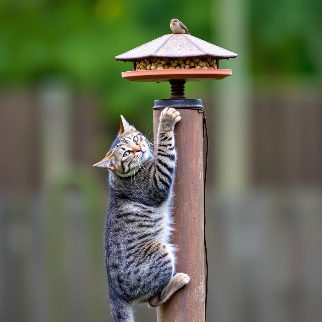 Siberian Cat Climbing Towards Bird Feeder