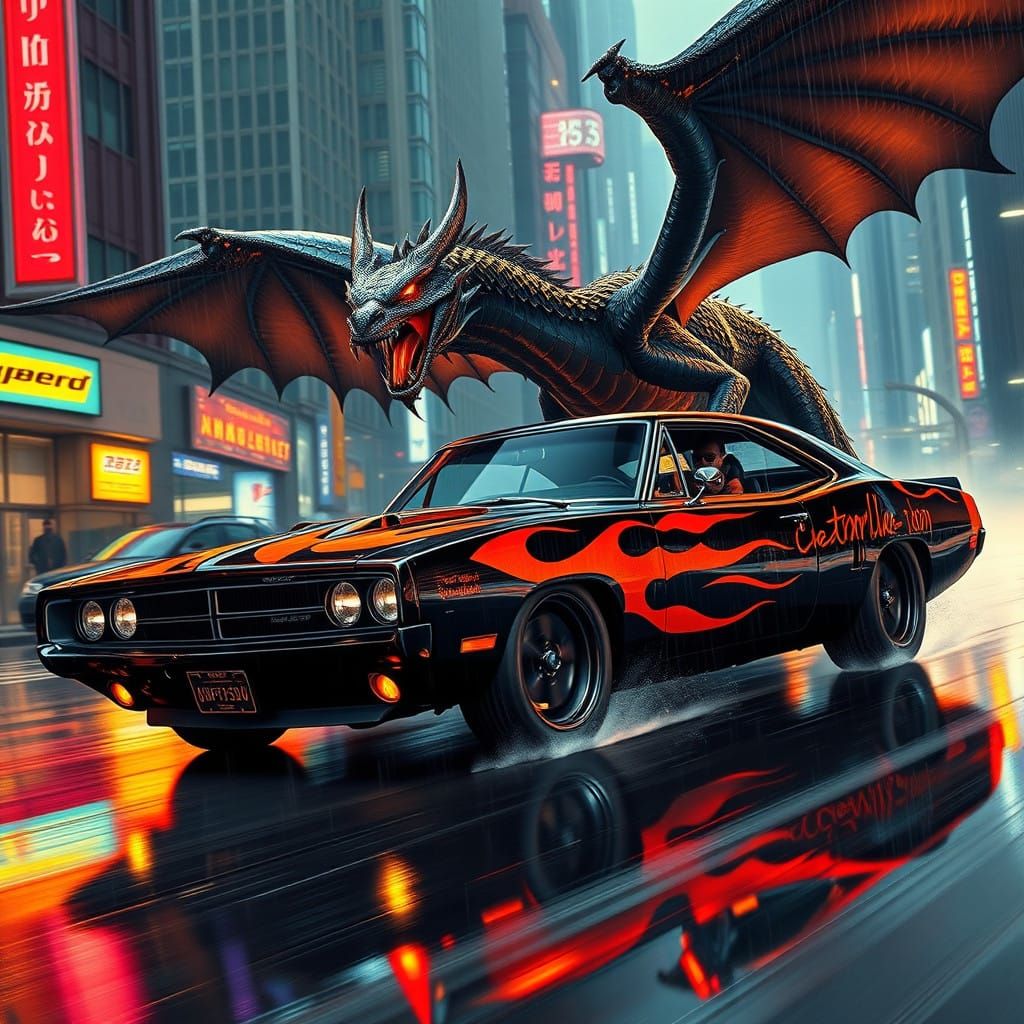 Cyberpunk Dodge Charger Speeds Down Rain-Soaked City Street...