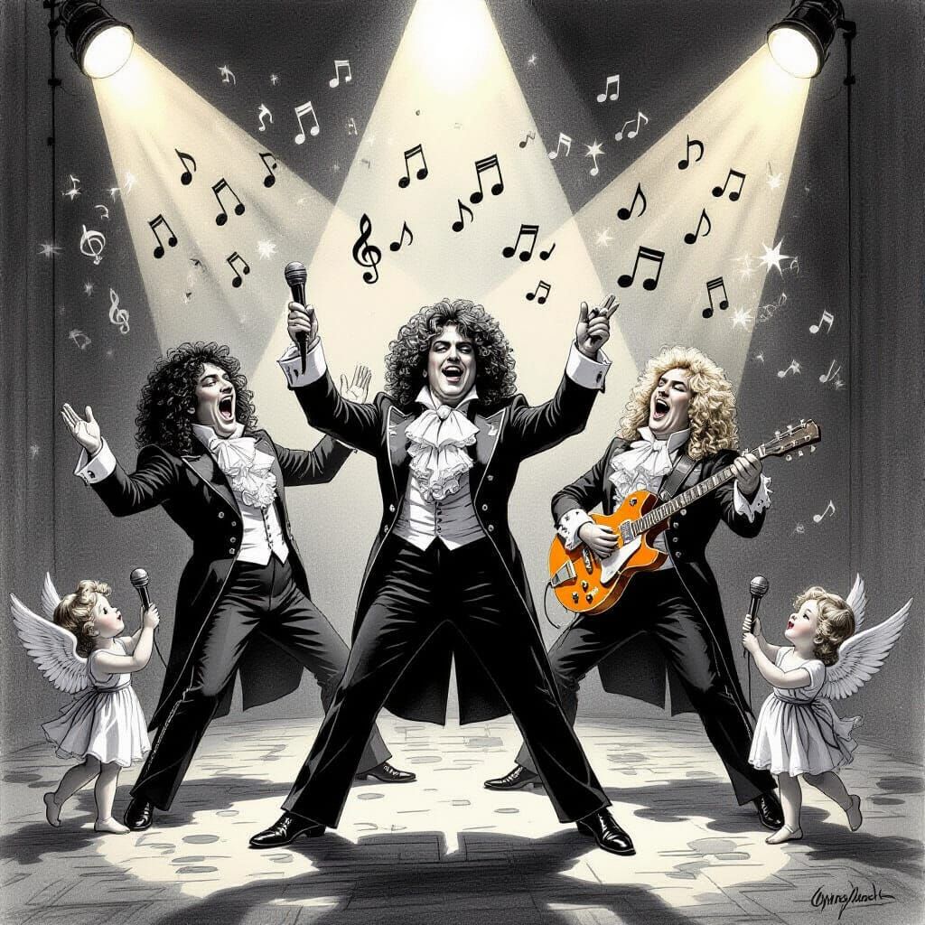 Queen Band Members as Victorian Opera Singers in Charcoal