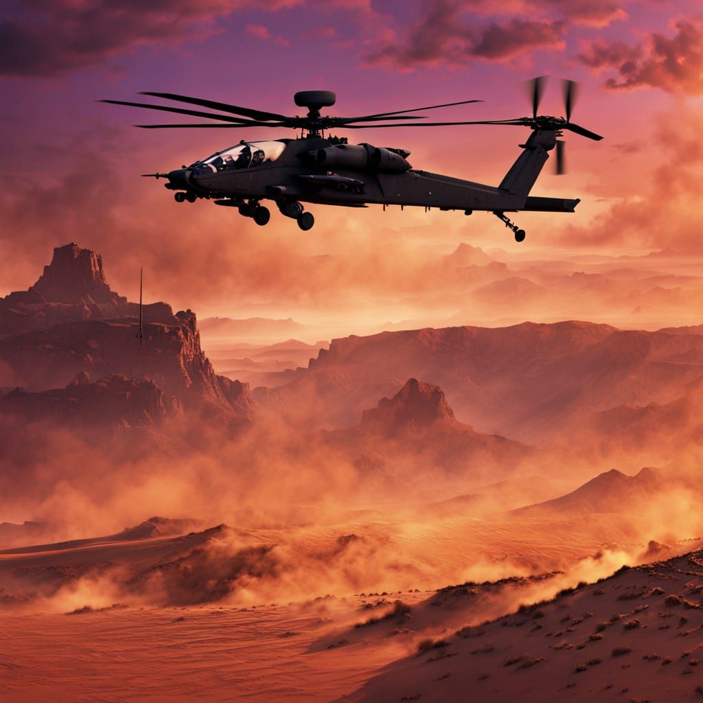 Apache Helicopter Over Desert At Sunset - Concept Art