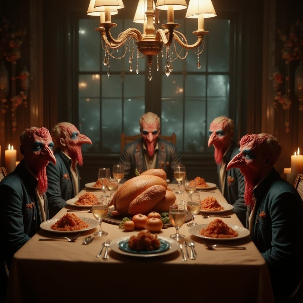 Turkeys Feast at Thanksgiving Dinner Cinematic Still