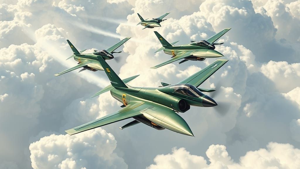 Green Fighter Jets Soaring Through Clouds