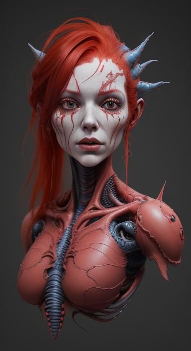Intricate Red-Haired Alien Figure in Soft Colors