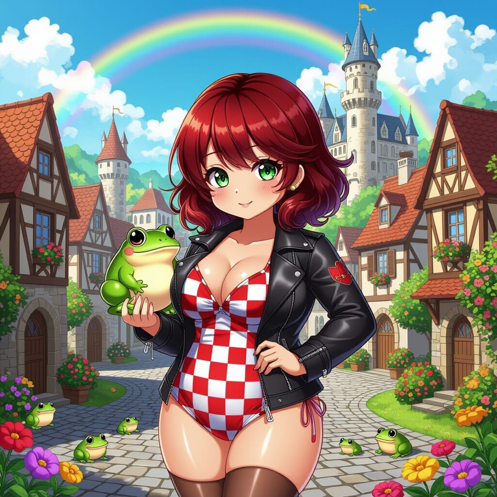 Anime Woman with Frog in Autumn Town