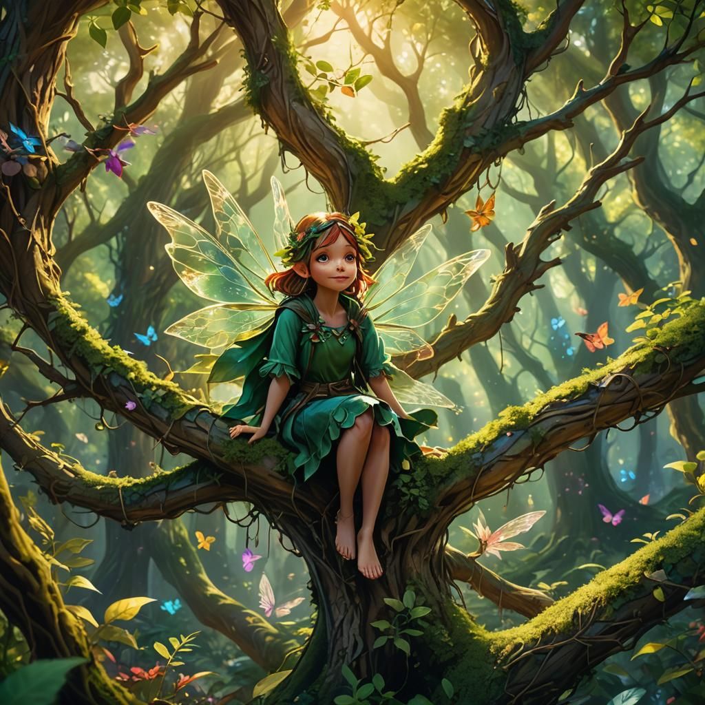 Mischievous Fairy Watching Traveler in Enchanted Forest