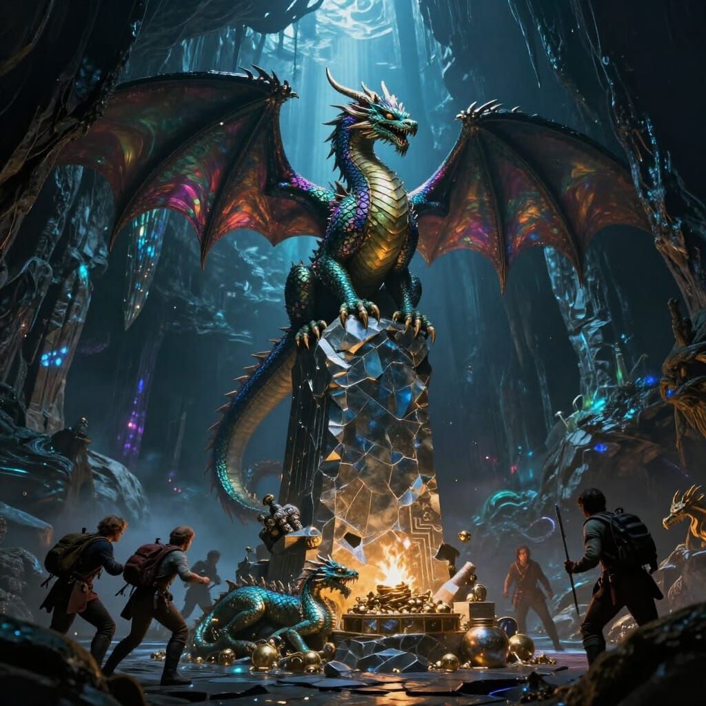 Ancient Dragon Guards Hoard in Bioluminescent Cavern