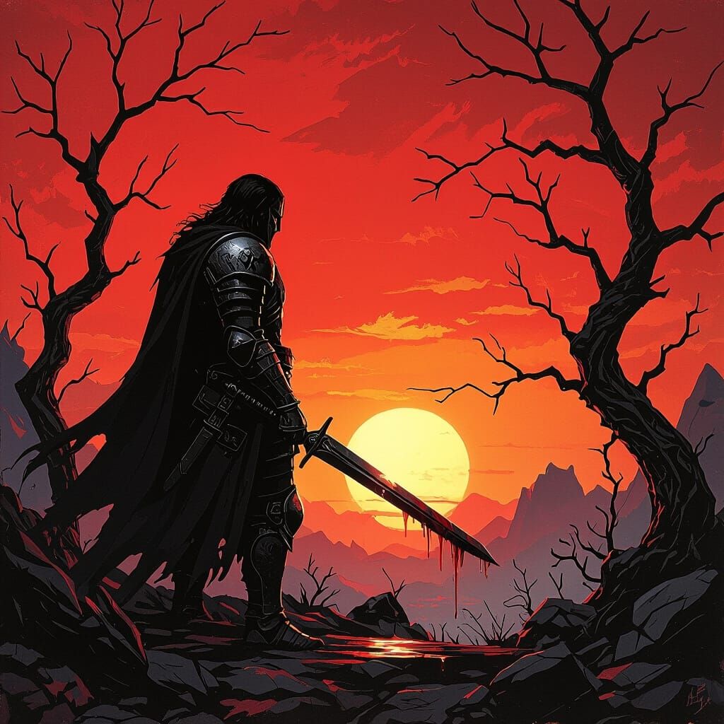 Warrior Silhouette at Sunset in Dark Fantasy Style