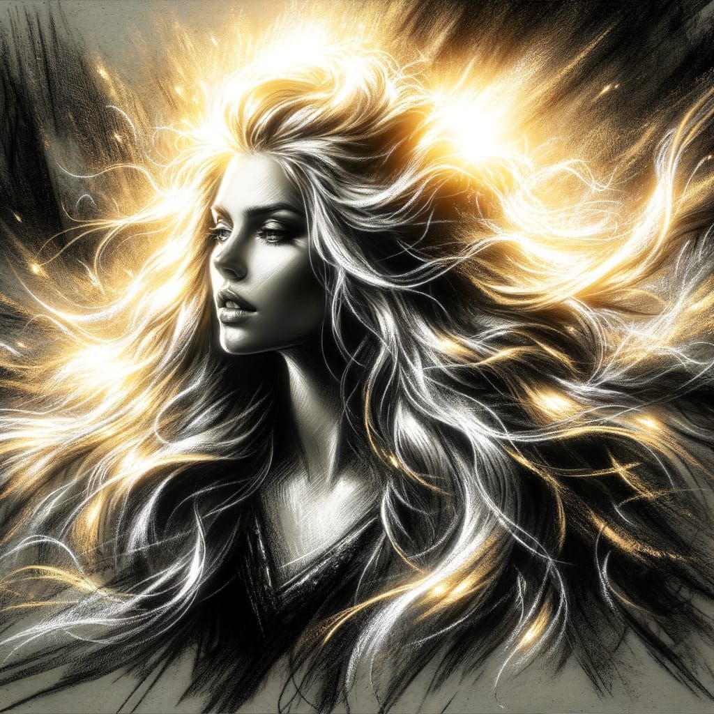 Norse Goddess with Golden Hair in Charcoal Sketch Style