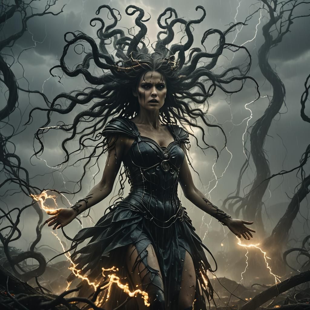 Fairy and Medusa Clash in Bioluminescent Storm
