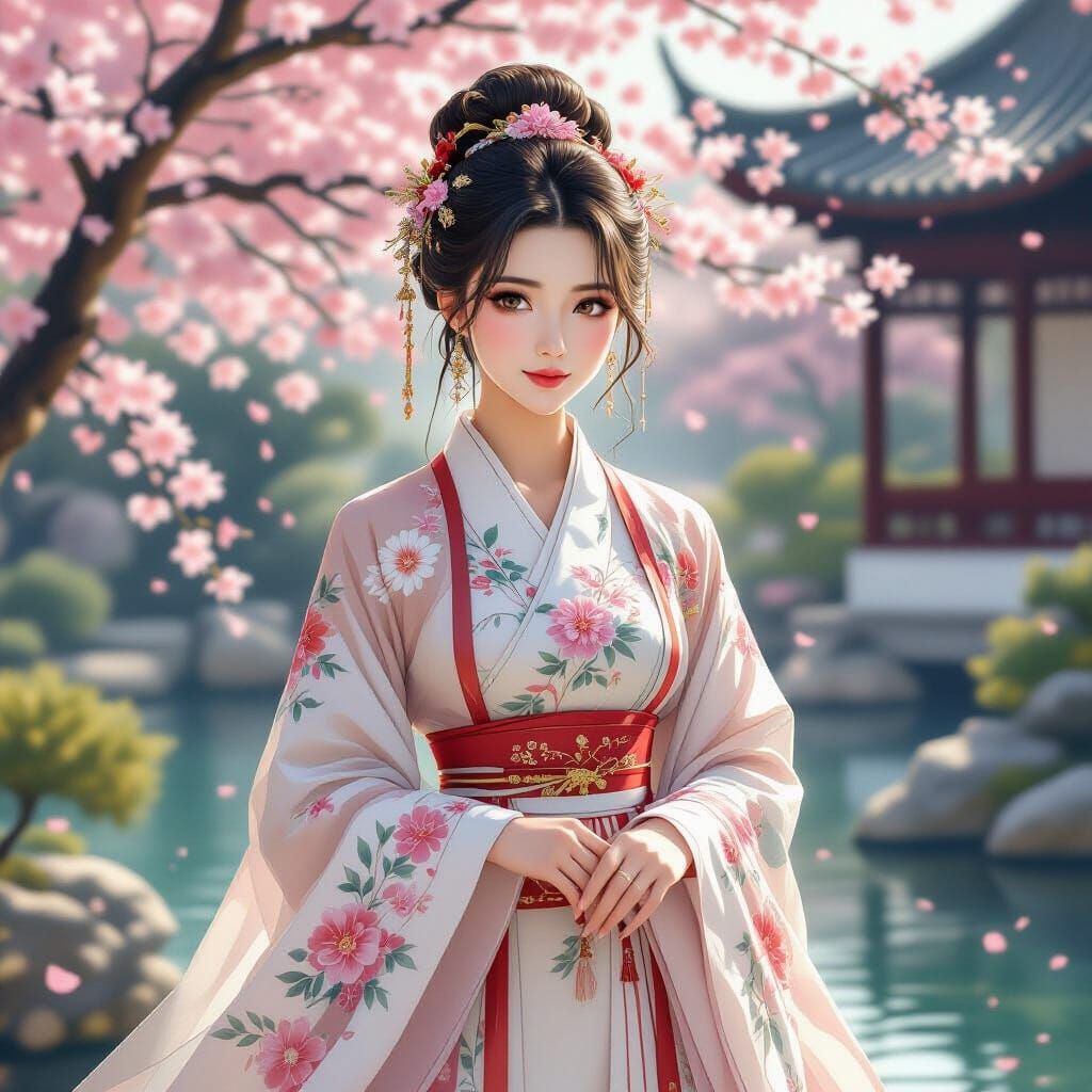 Girl in Hanfu in Traditional Chinese Garden