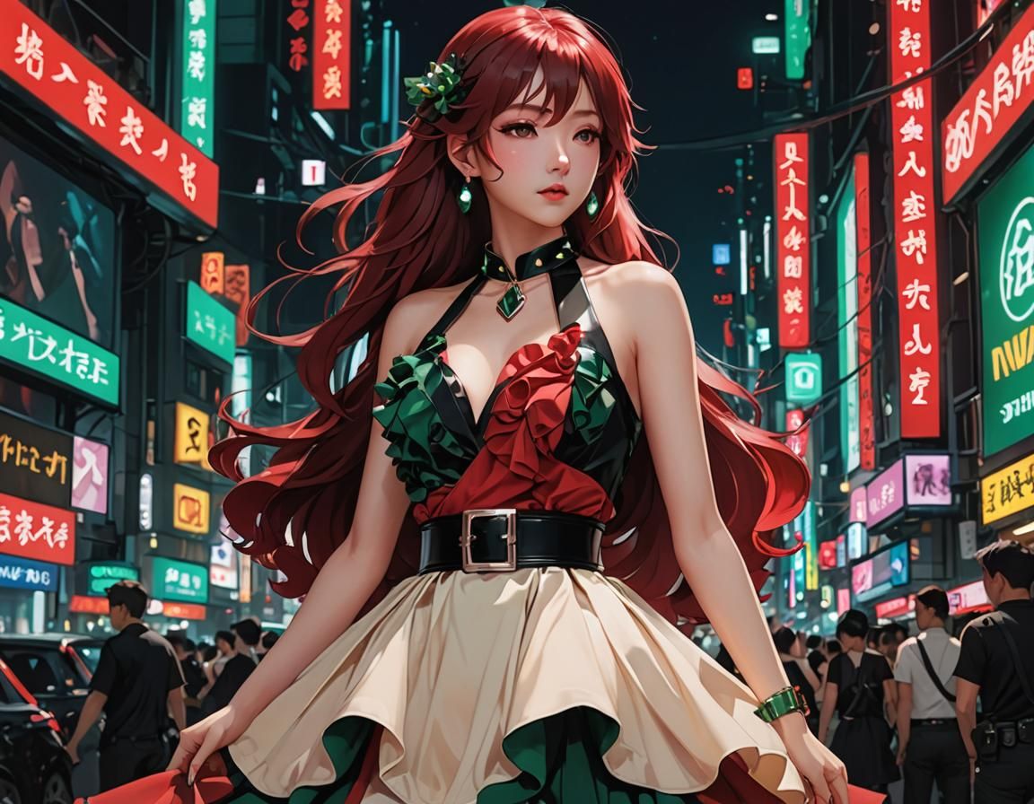 Elegant Ruffle Dress in Neon Anime Style