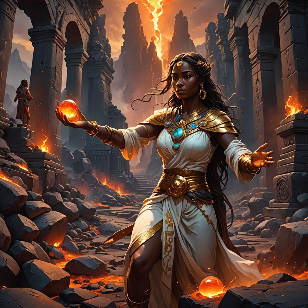 Woman with Healing Stone in Volcanic Ruins
