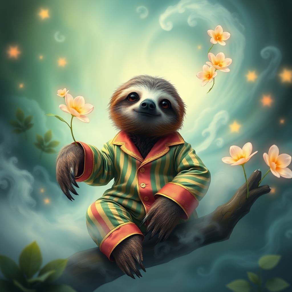 Surreal Sloth in Striped Pajamas Poses Amidst Glowing Greene...