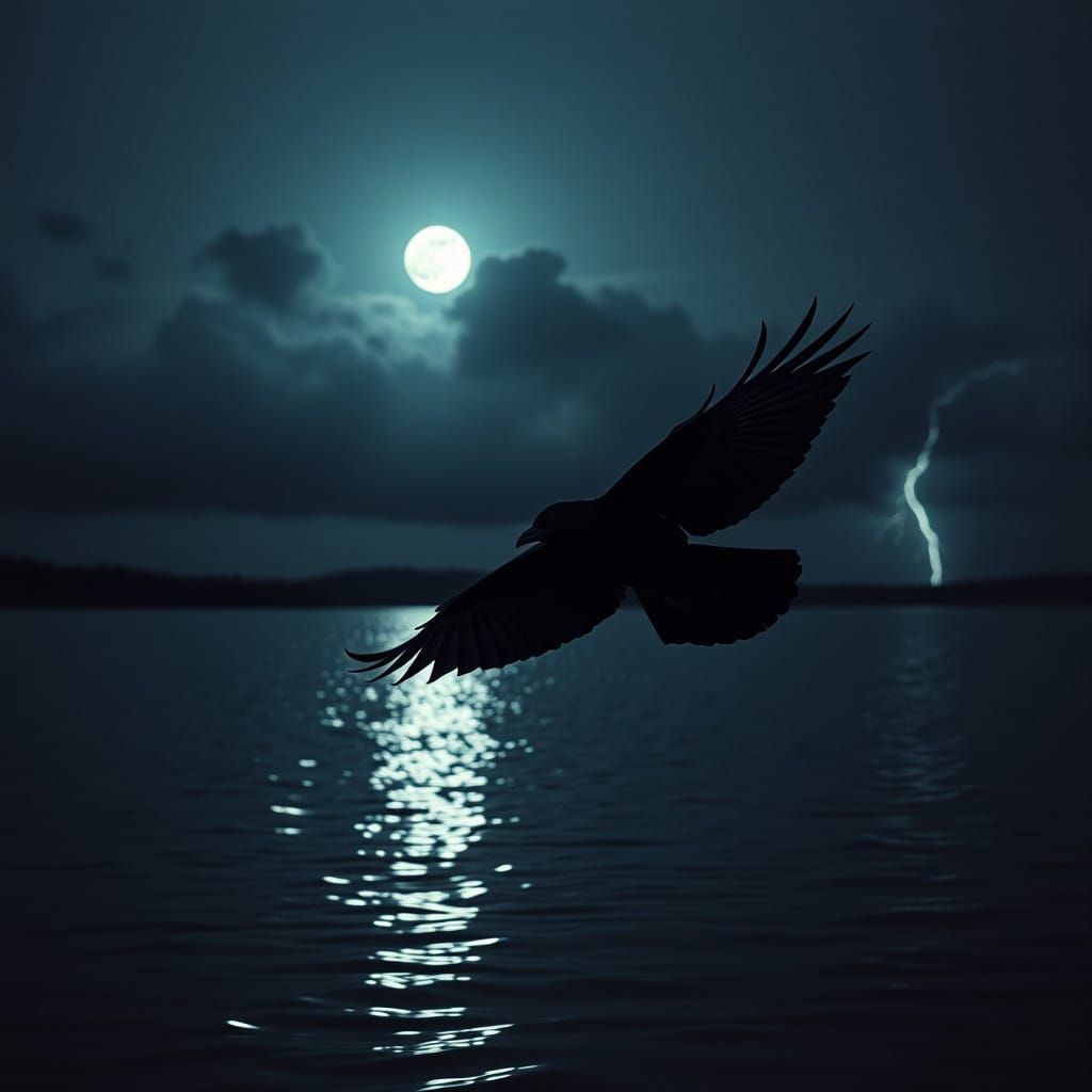 Majestic Raven Soars Under Dark Stormy Skies