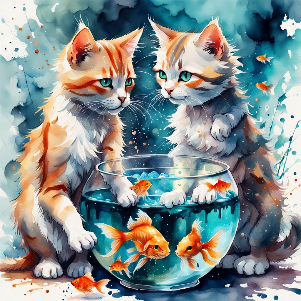 Kittens Playing with Goldfish in Watercolor Style