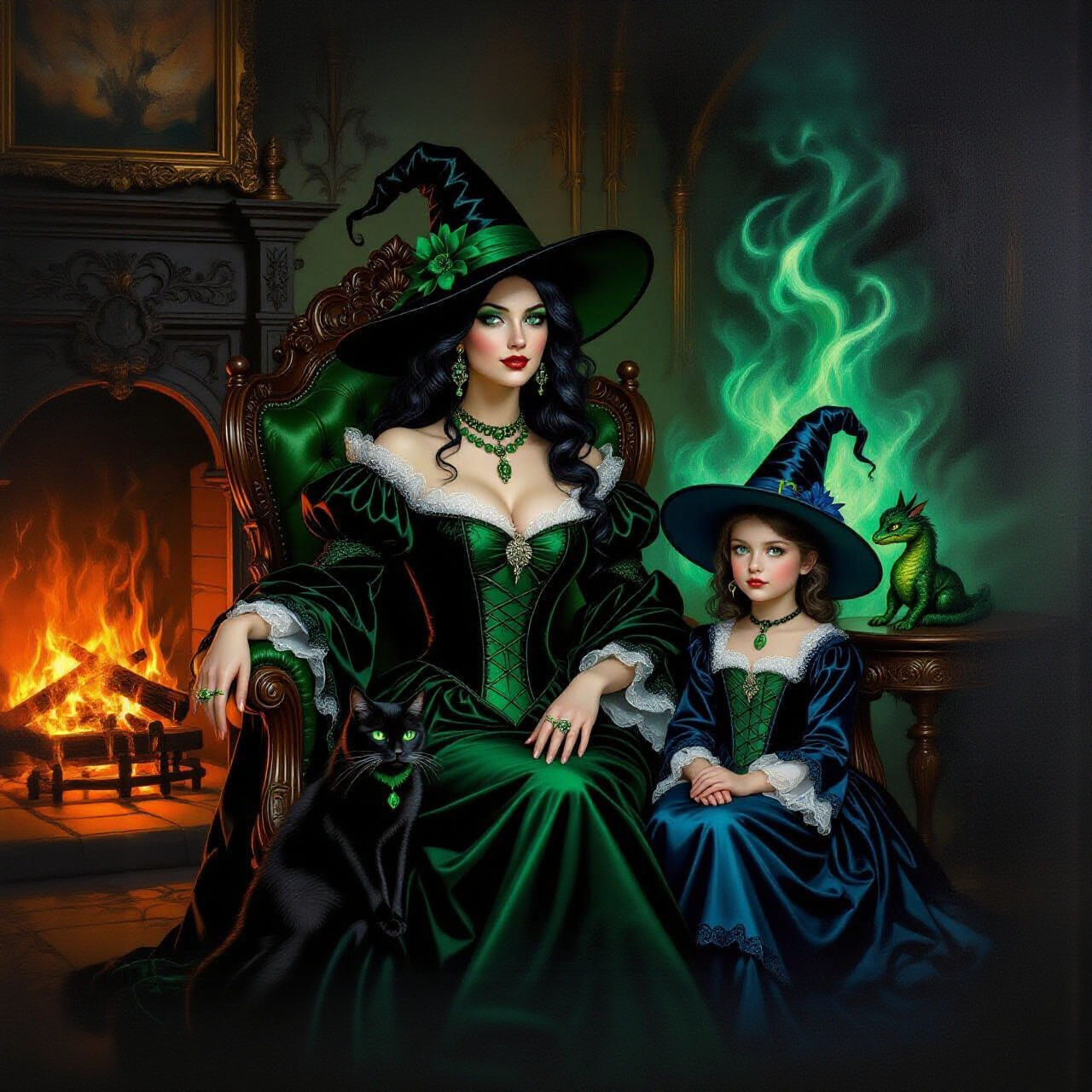 Witch and Daughter in Gothic Victorian Room