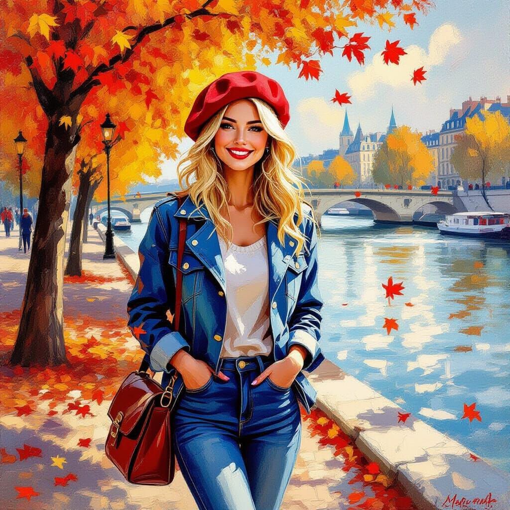 Confident Blonde Woman in Red Beret on Seine Banks