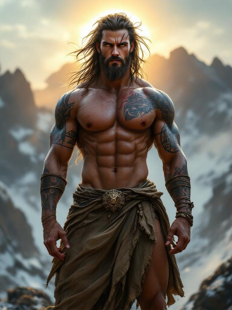 Heroic Demigod on Mountain Peak in Cinematic Style