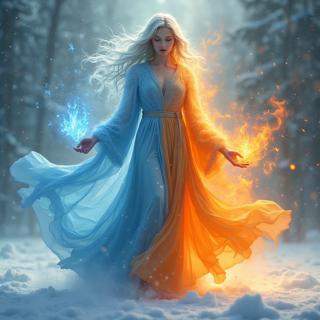 Ice and Fire Goddess in Digital Painting Style