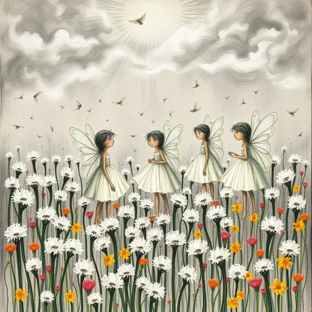 Fairies Making Wishes in Crayon-Style Dreamscape