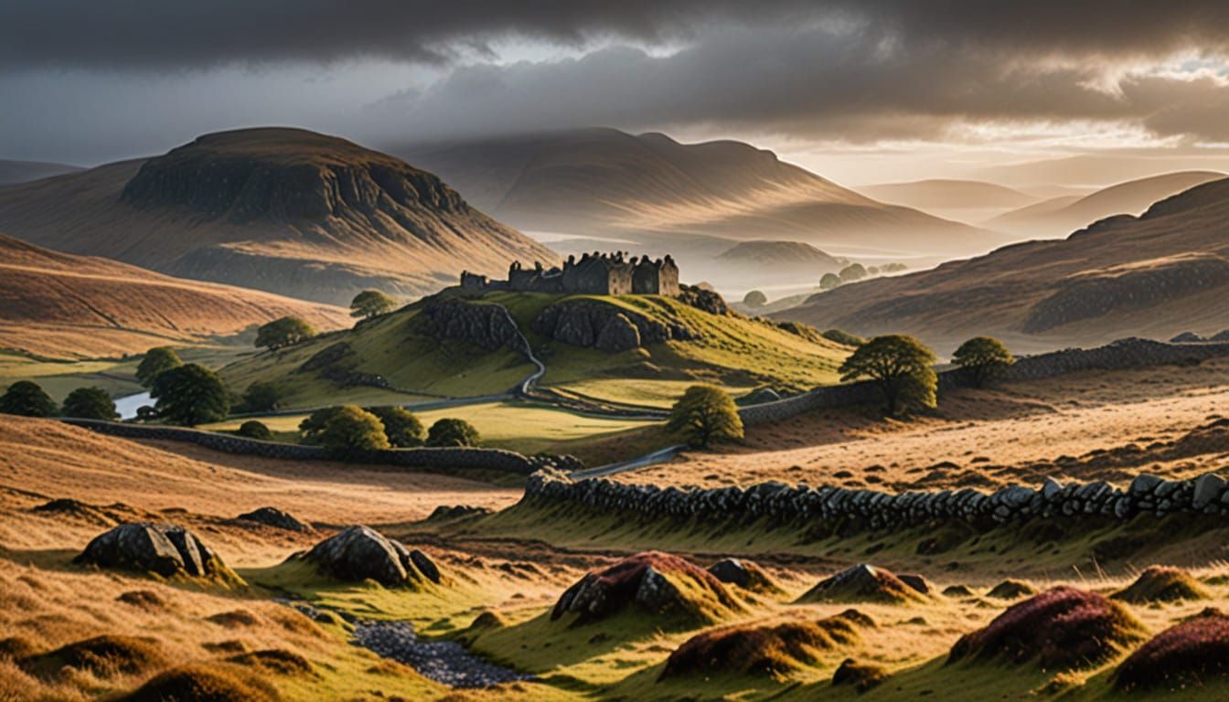 Misty Scottish Moor Landscape with Low Stone Walls