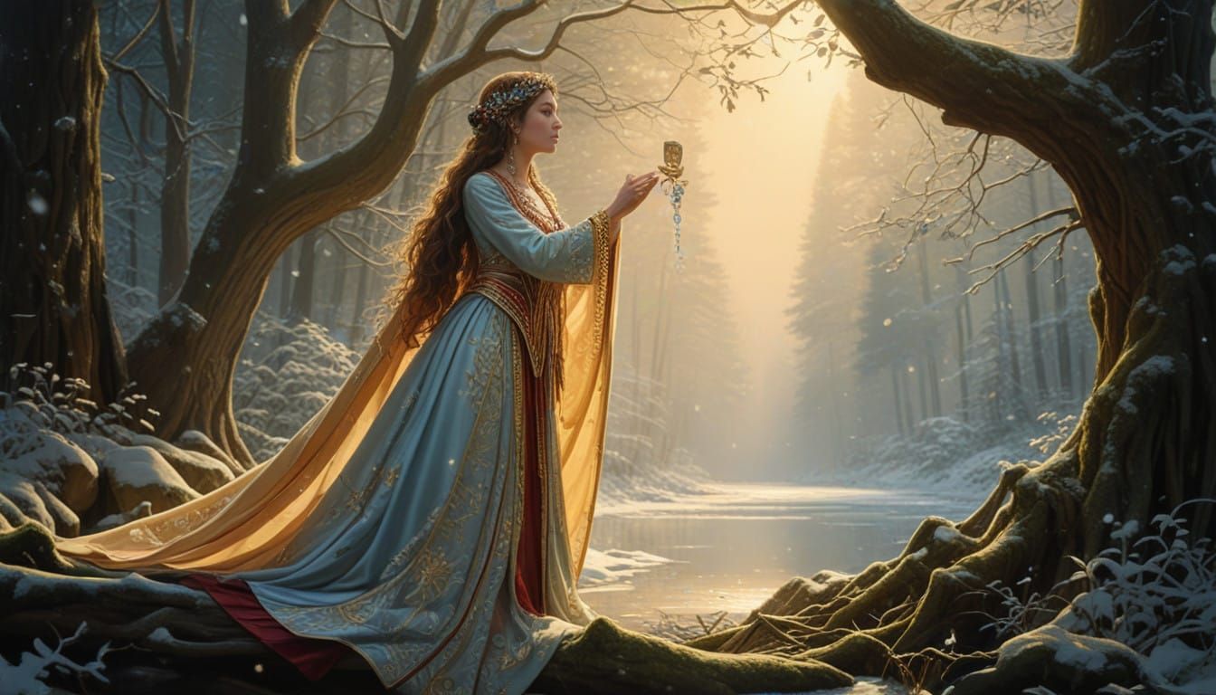 Mystical Winter Shamaness Dances by Frozen River