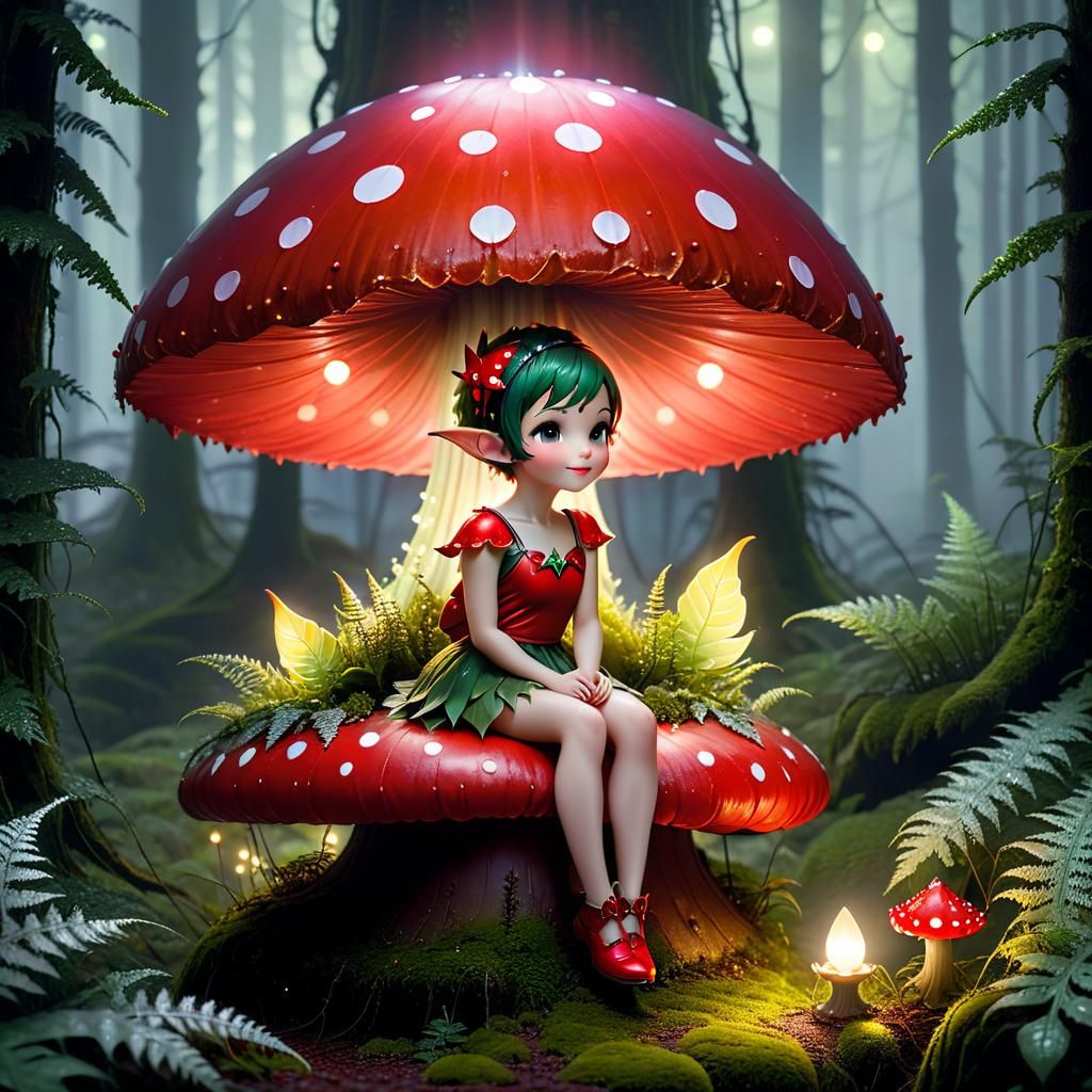 Pixie on Mushroom in Misty Forest